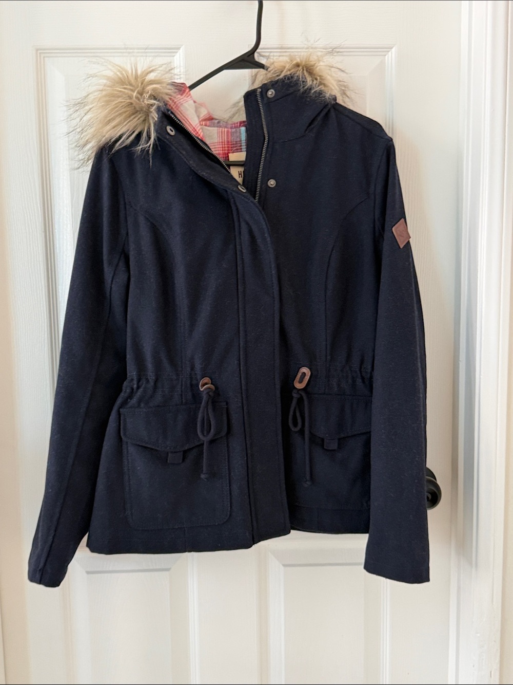 Hollister Navy Hooded Utility Jacket with Faux-Fur Trim
